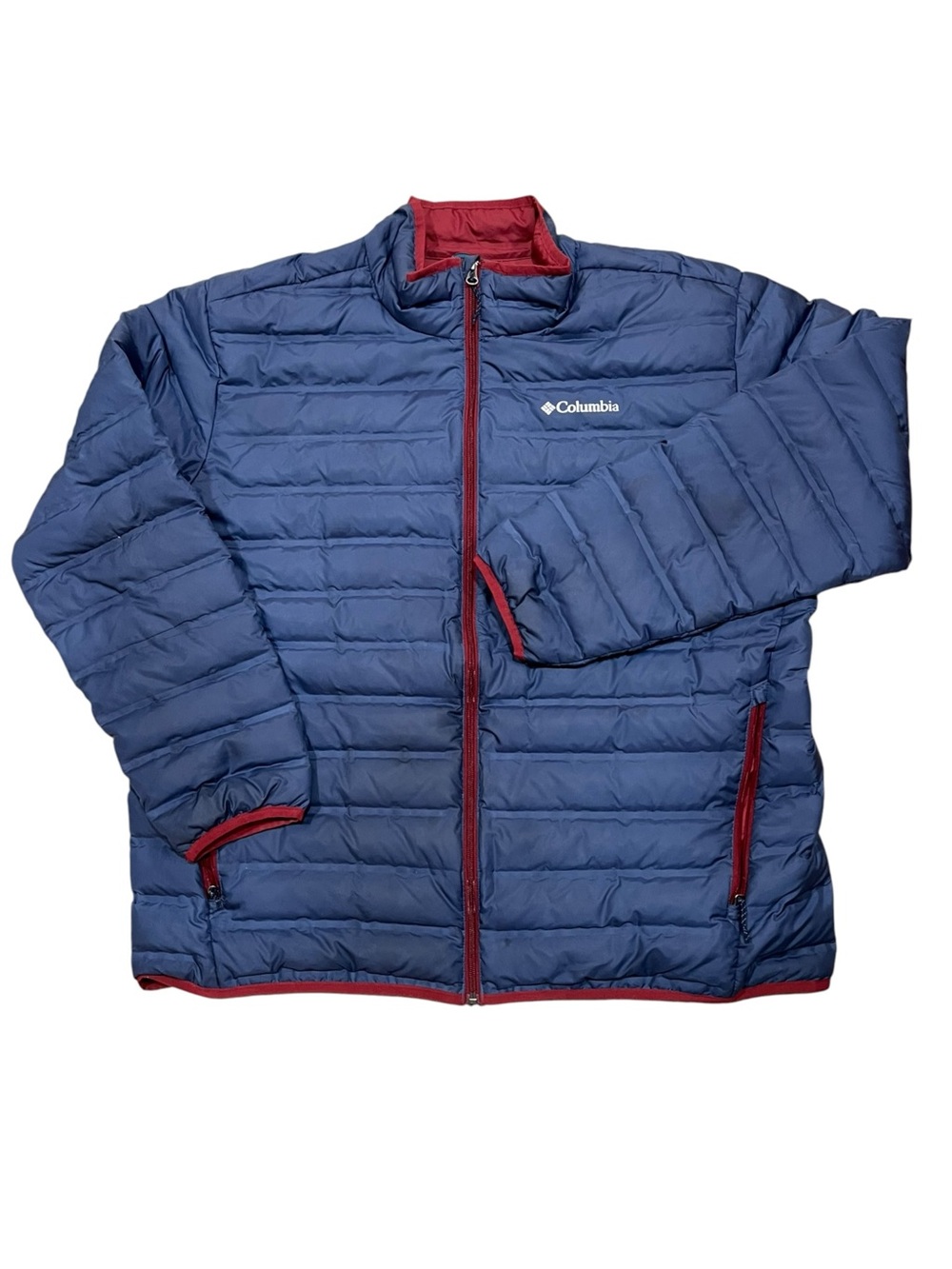 Columbia Packable Puffer Jacket Navy Red Trim Insulated Winter Travel Men's XXL